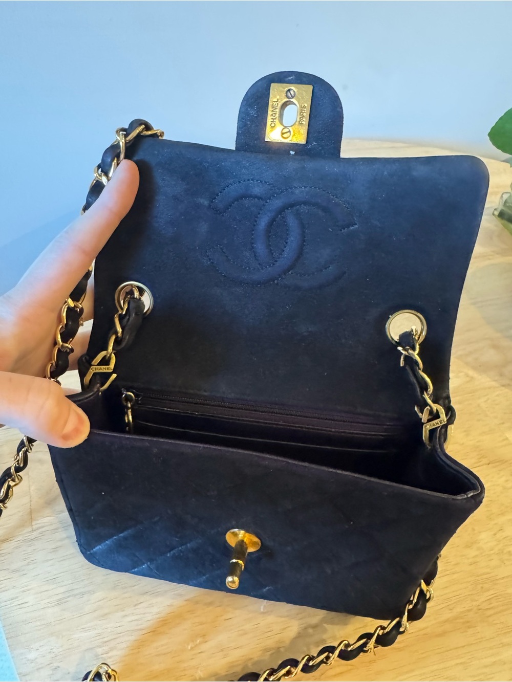 CHANEL Black Quilted Suede Crossbody with Gold Chain - Picture 13 of 16